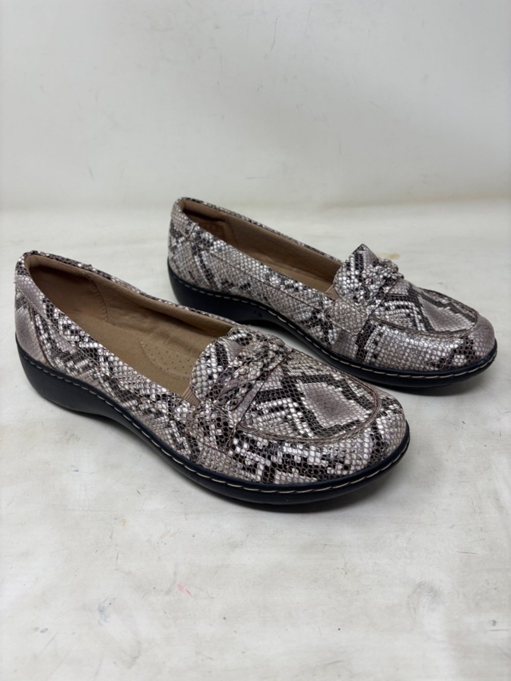 Snake-Print Penny Loafers in Taupe for Women